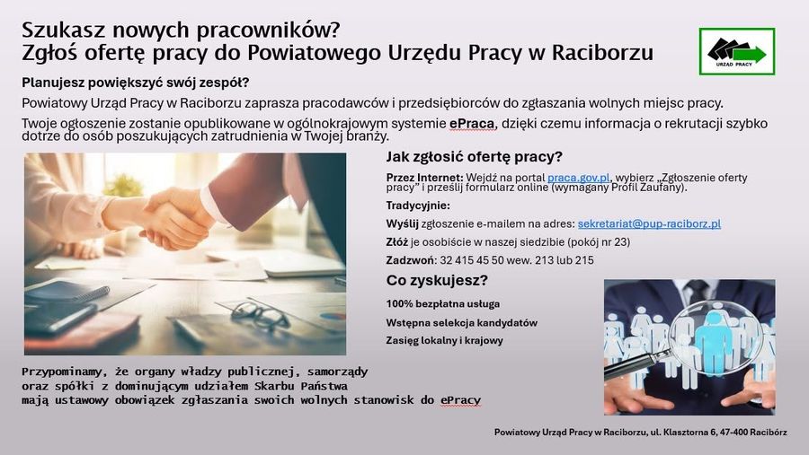 Szukasz pracowników? Powiatowy Urząd Pracy w Raciborzu pomoże Ci znaleźć kandydatów